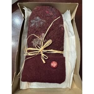 Vintage Jordan Marsh Wool Mittens Burgundy Boiled Wool Floral Needle Felted Box